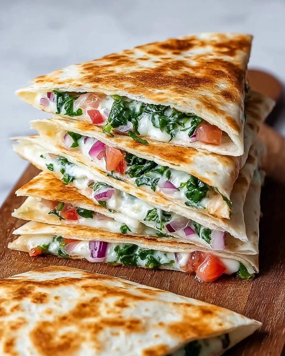 The image shows a stack of four triangular quesadilla slices on a wooden board placed on a white marbled surface. Each quesadilla slice has a golden-brown toasted tortilla outer layer that is thin and crispy. Inside there are three visible filling layers: the first layer is white melted cheese that looks gooey and rich, the second layer is chopped green herbs or spinach adding a fresh green color, and the third layer includes small pieces of red tomato and purple onion scattered within the cheese and greens, providing a colorful and fresh texture. A fifth quesadilla slice lies flat in the foreground with a slightly darker toasted pattern. The quesadillas are stacked slightly angled to show the thick filled edges clearly. Photo taken with an iphone --ar 4:5 --v 7