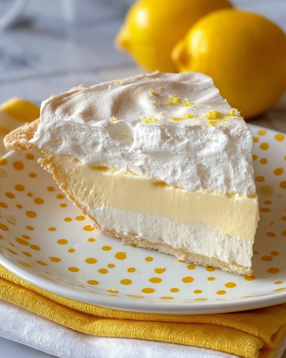 A single slice of white pavlova dessert sits on a white plate with a yellow dotted pattern. The pavlova has two distinct layers: a crunchy, cracked outer meringue shell on top, which is pale beige and slightly crumbly, and beneath it, a thick, soft layer of white whipped cream with small bits of yellow lemon zest scattered on its smooth surface. A vintage silver fork rests on the plate next to the slice. The plate sits on a white marbled surface, next to a whole lemon and a yellow and white cloth. photo taken with an iphone --ar 4:5 --v 7