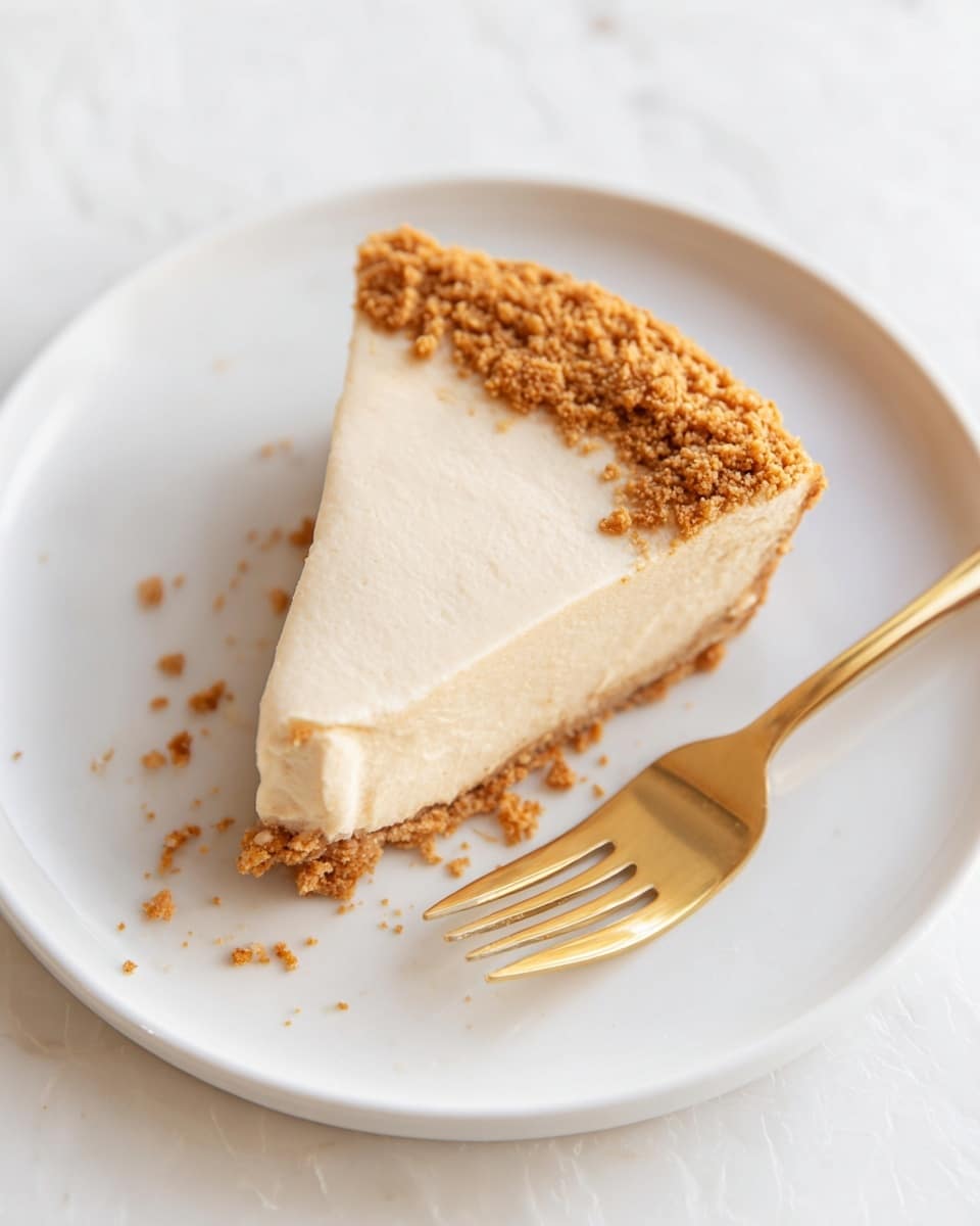 A single slice of pie with two visible layers sits on a white plate with a white marbled texture beneath. The bottom layer is a crumbly, golden-brown crust with scattered crumbs around the edges. The top layer is thick and creamy with a smooth, light beige color, evenly spread over the crust. A gold fork lies beside the slice on the plate, its shine reflecting softly. The overall look is clean and simple, showing the texture contrast between the smooth filling and crunchy crust. Photo taken with an iphone --ar 4:5 --v 7