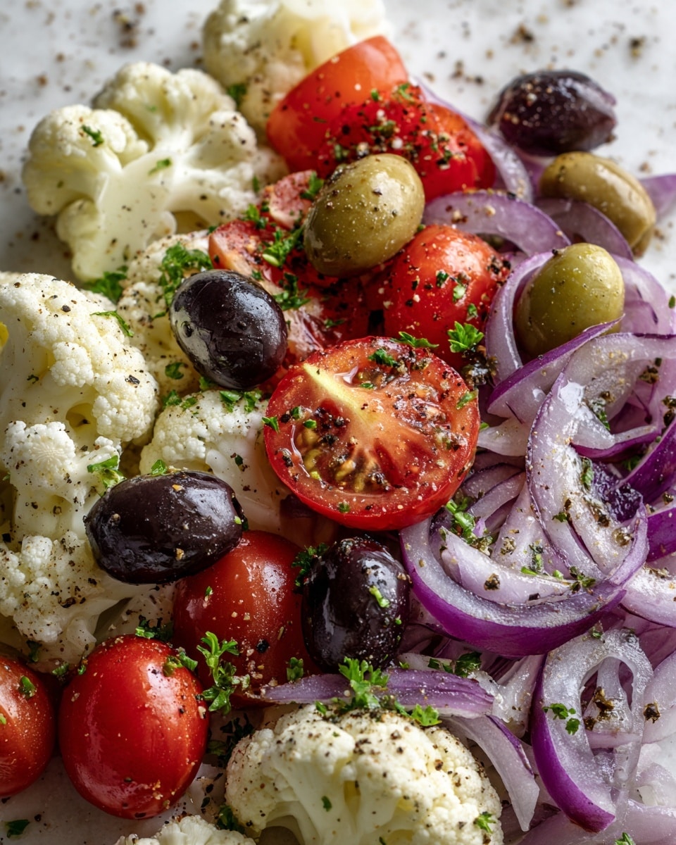 This image shows a close-up of a colorful salad with several layers of ingredients mixed together. The first layer is made of evenly cut white cauliflower florets, which have a slightly rough texture and some black pepper seasoning. Next, there are bright red cherry tomato halves scattered throughout, showing their juicy interior with seeds clearly visible. Thin, vivid purple slices of red onion add a sharp color contrast, while whole black olives and green olives with a smooth, shiny surface are distributed evenly around the dish. Small pieces of green herbs, likely parsley, are sprinkled all over the salad, adding a fresh look. The salad is lightly coated with a dressing that gives a slight gloss to the vegetables. The whole scene is set against a white marbled texture in the background. photo taken with an iphone --ar 4:5 --v 7