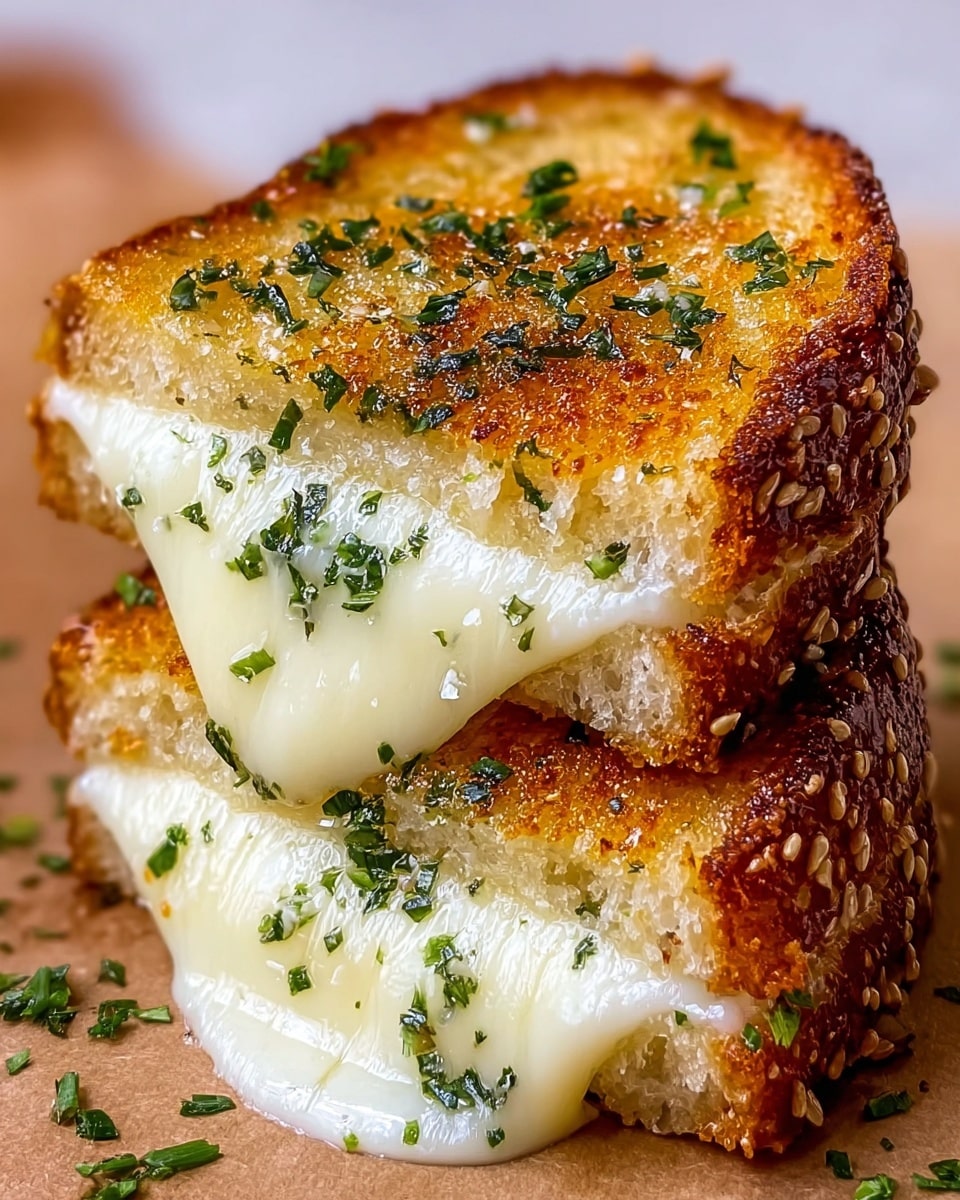 The image shows a grilled cheese sandwich cut in half and stacked, revealing two layers of melted white cheese oozing out from between two thick slices of golden brown, toasted bread with sesame seeds on the crust. The top of each bread slice is coated with a crispy, buttery layer sprinkled with finely chopped green herbs, giving a textured and flavorful look. The melted cheese stretches slightly between the two halves, showing a smooth and creamy texture. The sandwich rests on a light brown surface with small green herb pieces scattered around. photo taken with an iphone --ar 4:5 --v 7
