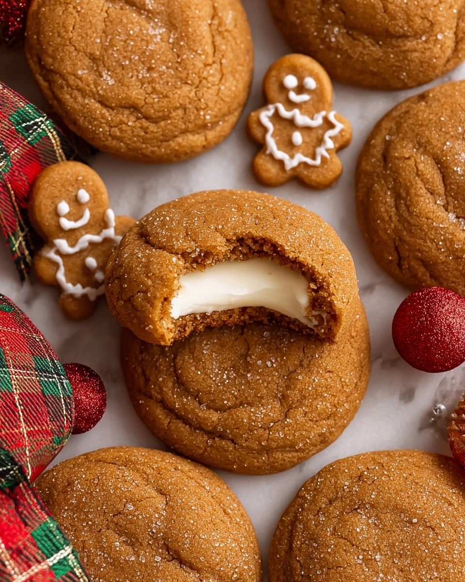 The image shows several soft, round gingerbread cookies with a light brown color and a slightly cracked surface sprinkled with sugar. One cookie is broken in the middle, revealing a smooth white cream layer inside. Around the cookies, there are small gingerbread figures with simple white icing faces and details. Red glittery balls and a red, green, and gold plaid ribbon are placed among the cookies, all set on a white marbled surface. photo taken with an iphone --ar 4:5 --v 7