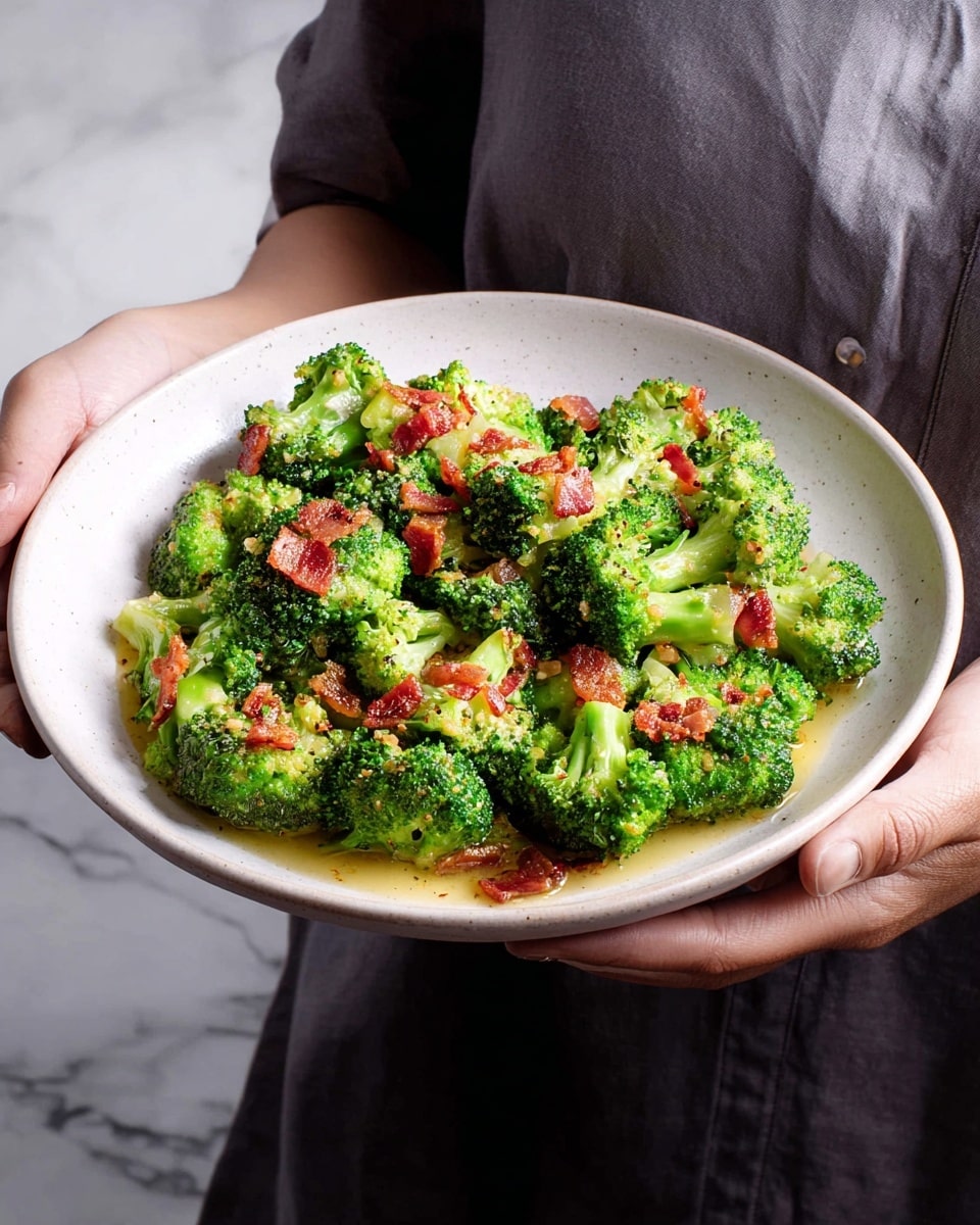 A white bowl filled with bright green broccoli florets covered in small bits of crispy reddish-brown bacon, all sitting in a light, glossy sauce that slightly pools at the bottom. The broccoli pieces are fresh and textured, with some garlic or seasoning specks scattered over them, giving a savory look. The bowl is held by two bare arms with a woman's hand on the right side, and the background shows a person wearing a muted gray shirt against a white marbled surface. photo taken with an iphone --ar 4:5 --v 7
