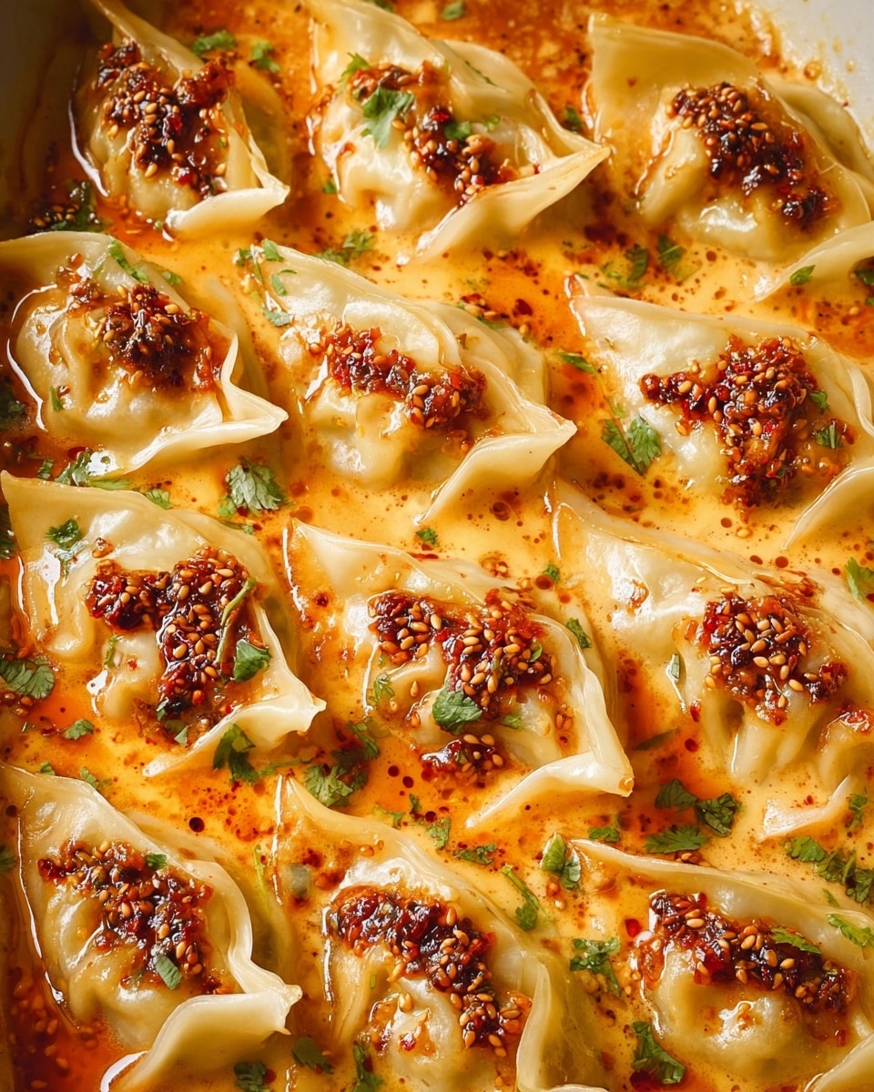 The image shows a close-up of about 15 dumplings arranged closely together in a shallow white dish filled with a creamy orange sauce. Each dumpling is soft and light yellow with a smooth surface and uneven folded edges. On top of each dumpling, there is a dollop of dark chili paste with sesame seeds, adding a rough texture and deep red color. The sauce has a slightly frothy texture with small oil droplets and is dotted with finely chopped green herbs, possibly cilantro, giving a fresh and bright contrast. The white marbled surface in the background adds a clean, elegant touch to the composition. Photo taken with an iphone --ar 4:5 --v 7