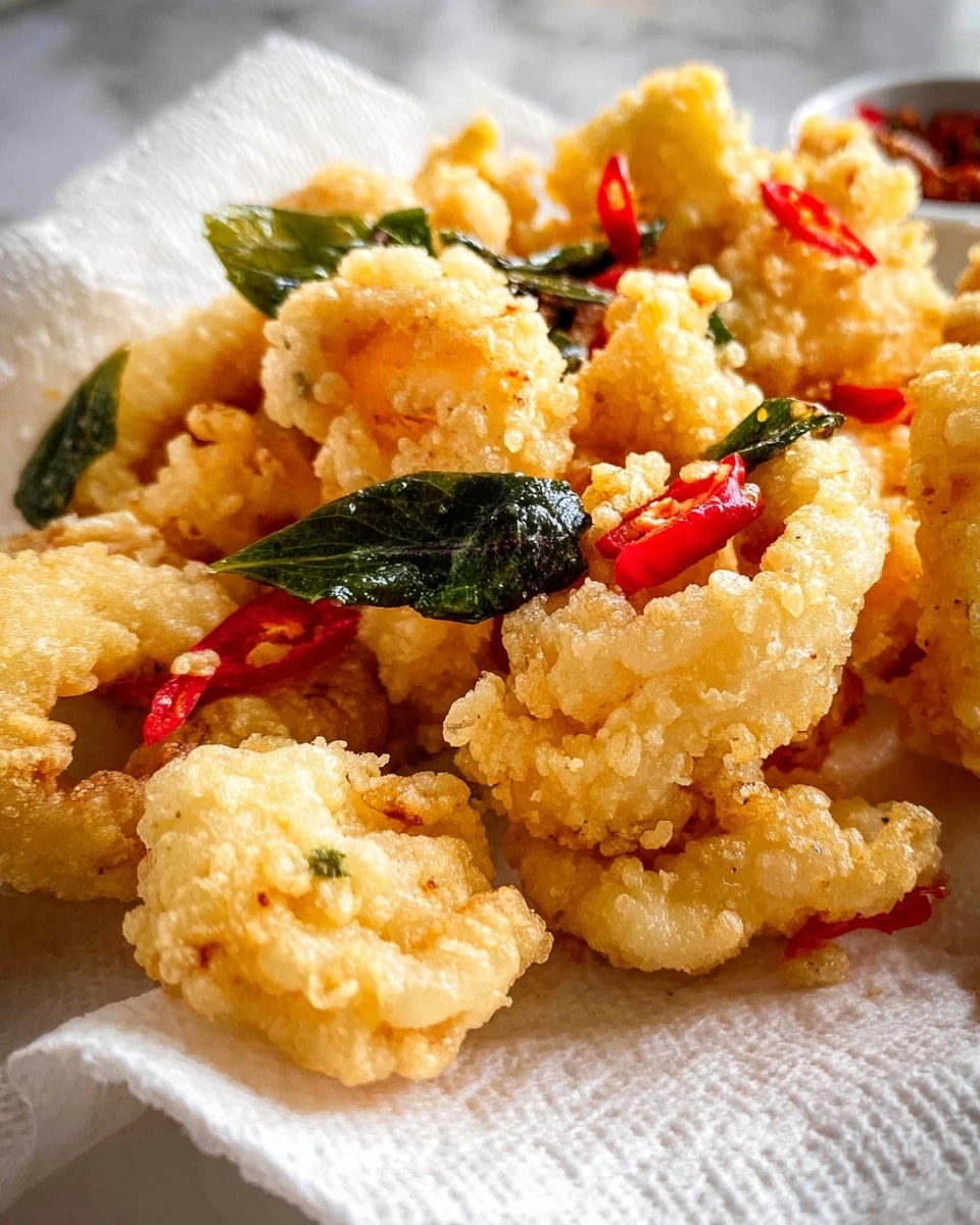 The image shows small pieces of crispy fried food, with a golden brown rough texture, each piece topped with dark green, slightly wilted leaves and thin slices of bright red chili. A woman's fingers are gently holding one piece close to the camera, giving a sense of scale and texture. The fried pieces are placed on a white paper towel that catches excess oil, set on a white marbled surface. The overall look is crunchy, warm, and colorful with the contrast of green and red on the golden fried pieces. photo taken with an iphone --ar 4:5 --v 7