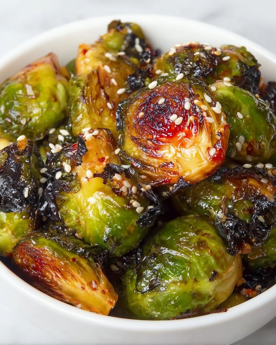 The image shows a close-up of roasted Brussels sprouts piled inside a white bowl. Each Brussels sprout is halved, with the outer leaves charred to a deep black and the inner layers glowing golden brown with caramelized edges. Their bright green parts contrast with the darker burnt areas, creating a strong texture mix. Small white sesame seeds are sprinkled over the Brussels sprouts, adding a light speckled detail. The bowl sits on a white marbled surface, highlighting the vibrant colors of the roasted vegetables. photo taken with an iphone --ar 4:5 --v 7