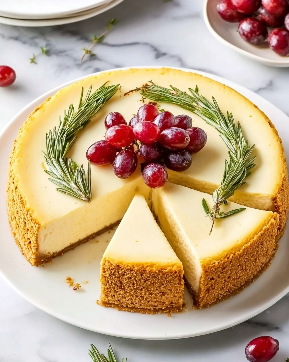 The image shows a round cheesecake with a golden brown graham cracker crust forming the base and edges. The creamy, smooth, pale yellow filling layer sits evenly within the crust. On top, there is a decoration of three sprigs of green rosemary arranged in a circular wreath pattern around the edge, and a cluster of shiny, red grapes in the center. There’s a slice cut out, revealing the even thickness of crust and filling layers. The cheesecake sits on a white plate, placed on a white marbled surface with a few loose grapes nearby. Photo taken with an iphone --ar 4:5 --v 7