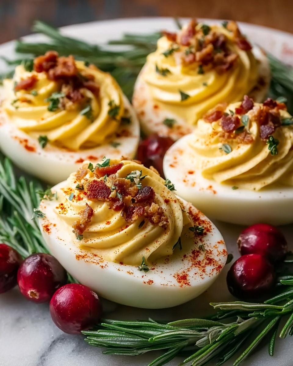 Four deviled eggs are shown close up, each made from a halved white egg with a smooth, creamy, light yellow filling swirled neatly on top. The filling is sprinkled with red paprika, small green herbs, and bits of crispy brown bacon. The eggs rest on a white marbled textured surface, arranged with sprigs of green rosemary and three glossy red cranberries peeking out beside them. The edges of the egg whites are clean and smooth, and the filling has a slightly shiny, soft texture with well-defined swirls. Photo taken with an iphone --ar 4:5 --v 7