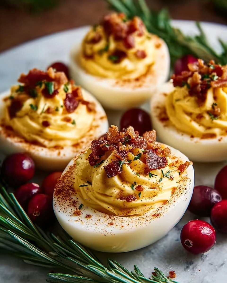 Four halved boiled eggs sit on a white marbled surface, each filled with a smooth, creamy yellow yolk mixture swirled high above the egg white base. The yolk topping is sprinkled with small pieces of crispy brown bacon, finely chopped green herbs, and a light dusting of red paprika powder. Around the eggs are dark green rosemary sprigs and glossy red cranberries, adding color contrast and a festive touch. The eggs have a clear, clean white edge, making the yellow filling and toppings stand out vividly. photo taken with an iphone --ar 4:5 --v 7