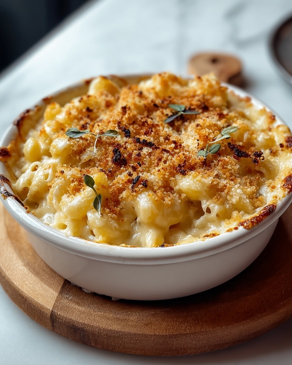 A white round dish filled with baked macaroni and cheese, showing one main layer of elbow macaroni covered with creamy white cheese sauce and topped with a golden-brown, slightly crispy cheese crust with browned spots and small toasted bits. There are a few small green herb leaves on top adding color contrast. The dish rests on a wooden board against a white marbled surface background. Photo taken with an iphone --ar 4:5 --v 7