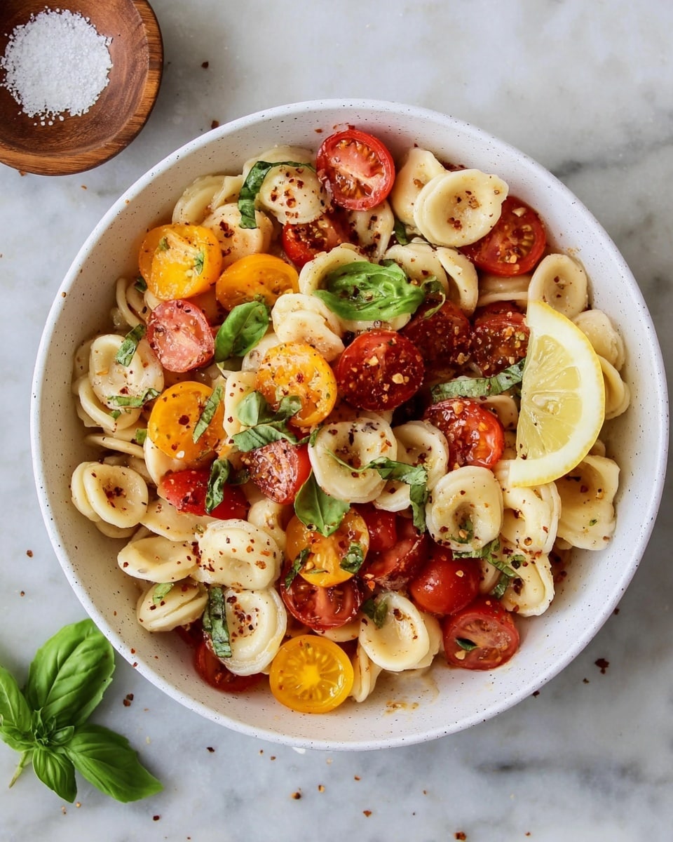 A white bowl filled with a fresh pasta salad, showing three main layers: the bottom layer has light beige orecchiette pasta with a soft texture, the middle layer is a mix of halved red and yellow cherry tomatoes with a shiny, juicy look, and the top layer has scattered fresh green basil leaves and a light drizzle of olive oil adding a slight gloss, finished with a sprinkling of black pepper and chili flakes. A lemon wedge is placed on the top right edge of the bowl. The bowl sits on a white marbled textured surface, with a wooden bowl of coarse white salt visible to the left side of the image. Photo taken with an iphone --ar 4:5 --v 7