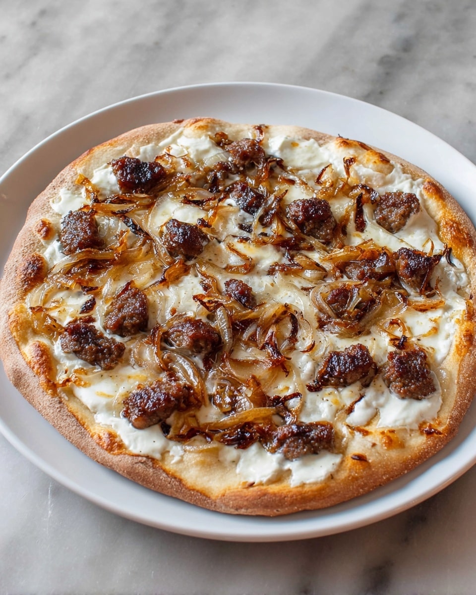A round pizza with a thin, light brown crust sits flat on a white plate. The top layer is covered with white melted cheese spread unevenly. On top of the cheese are scattered pieces of browned sausage, dark grayish brown in color, and caramelized onions that have a golden brown and slightly burnt texture. The toppings are unevenly spread and look crispy in some areas. The scene is set on a white marbled texture surface. photo taken with an iphone --ar 4:5 --v 7