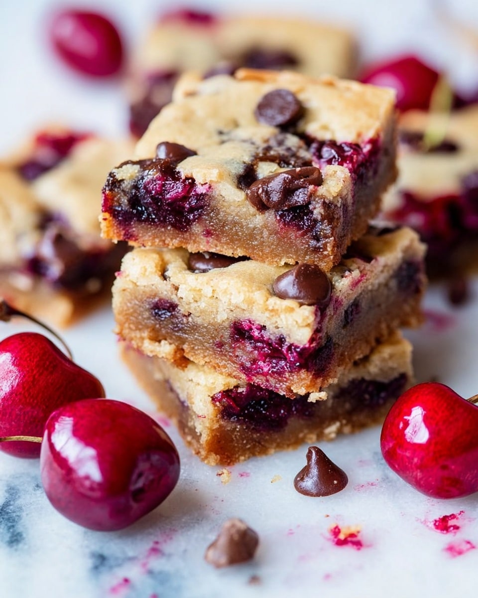 The image shows a close-up view of stacked dessert bars that have two distinct layers. The bottom layer is a thick, chewy, golden-brown base with a moist texture, likely made of cookie dough or cake. The top layer is lighter in color, a pale golden crust embedded with dark red cherry pieces and melty brown chocolate chips scattered throughout. The edges of the bars are slightly crisp. The stack sits on a white marbled surface with a few whole shiny cherries with stems and small chunks of cherries and juice nearby, adding a fresh and juicy look to the dessert. photo taken with an iphone --ar 4:5 --v 7