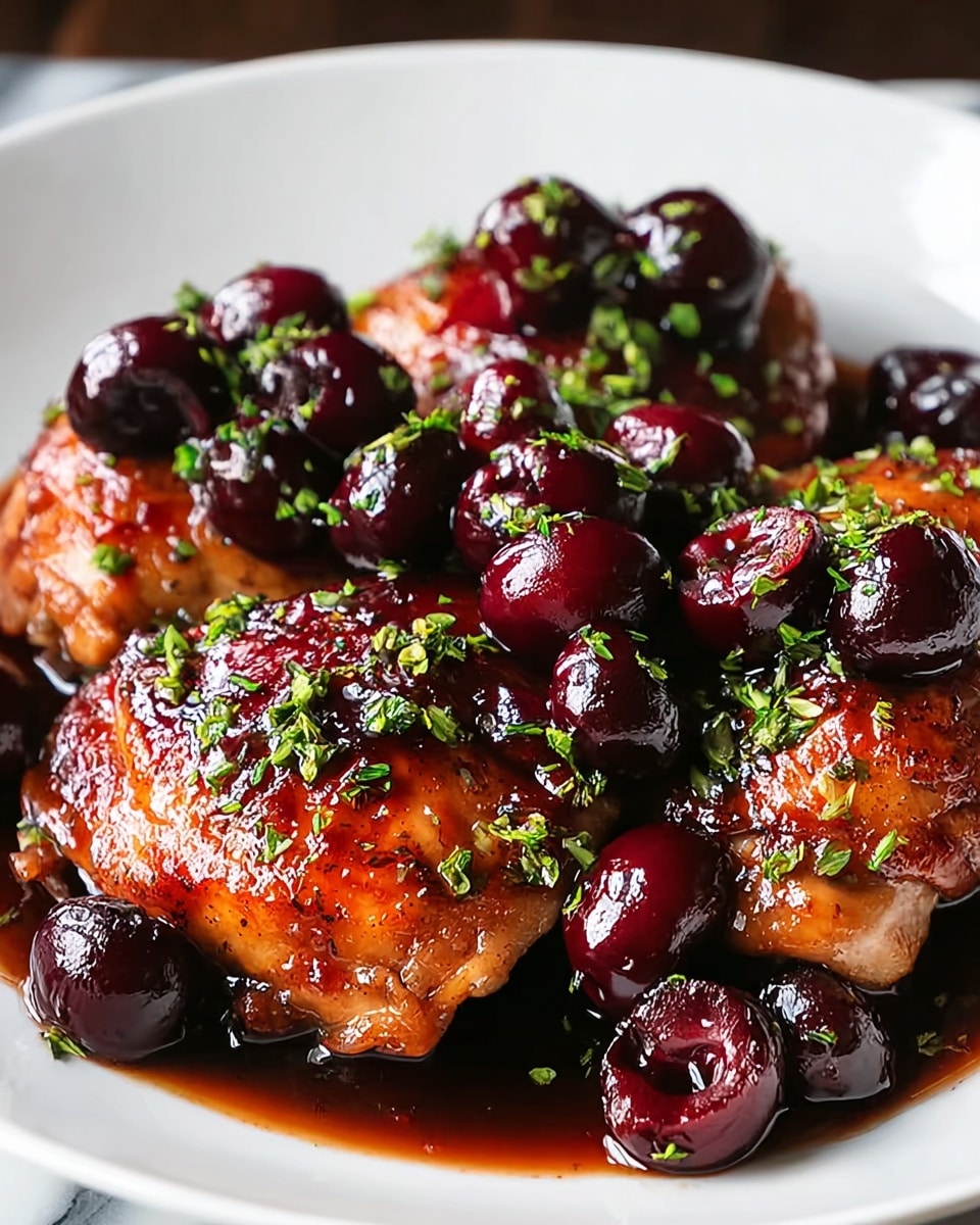 A white plate holds three pieces of glazed chicken thighs that are golden brown with a shiny, sticky cherry sauce coating them. On top and around the chicken, there are many whole dark red cherries with glistening skins. Small green chopped herbs are sprinkled over the chicken and cherries, adding a fresh contrast. The sauce pools slightly at the bottom of the plate, showing a rich, dark reddish-brown color. The plate sits on a white marbled surface. photo taken with an iphone --ar 4:5 --v 7