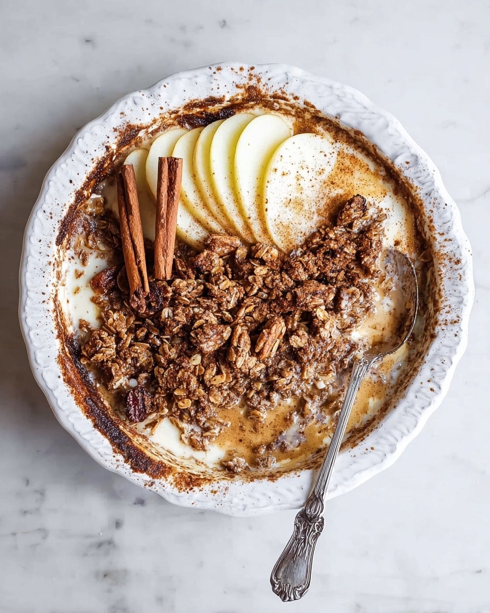 A close-up of a white bowl with a baked oatmeal dish, about halfway eaten, showing a thick, grainy brown layer of cooked oats mixed with nuts, creating a rough texture. The oatmeal is covered with a creamy, light beige milk or cream layer that pools around the edges. On top, there are three cinnamon sticks placed vertically near the center, a few pecan halves scattered around, and several thin slices of pale apple dusted with ground cinnamon on one side. A silver spoon is partially inside the bowl, resting on the oatmeal, and the background is a white marbled surface. Photo taken with an iphone --ar 4:5 --v 7