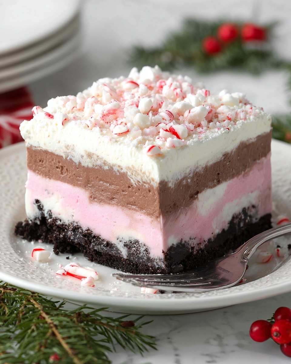 The image shows a square dessert with four visible layers, placed on a white plate with a subtle pattern, set on a white marbled surface. The bottom layer is dark and crumbly, resembling an Oreo cookie crust. Above it is a thick pink and white creamy layer with a swirled texture. The third layer is smooth and dark brown, like chocolate mousse or pudding. The top layer is a white, fluffy whipped cream sprinkled with small white and red crushed peppermint candy pieces. A silver fork rests on the edge of the plate, and some festive green pine and a red berry decorate the foreground. Photo taken with an iphone --ar 4:5 --v 7