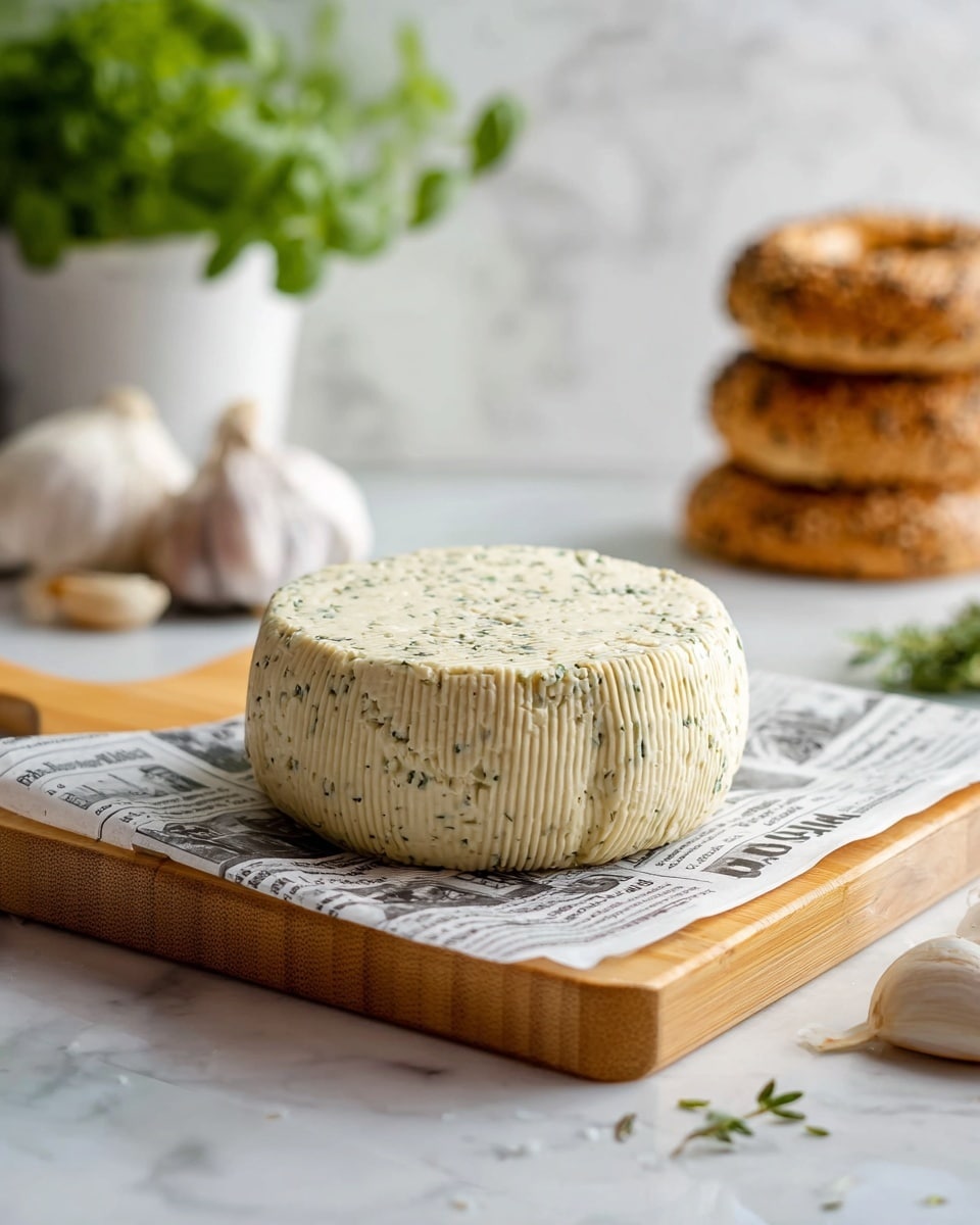 A round cheese with a pale yellow color and small green herb specks sits on a sheet of black-and-white printed paper, which rests on a double-layered light wood board. The cheese has a textured surface with subtle ridges and an irregular shape, giving it a handcrafted look. In the blurred background to the right, there is a stack of two sesame seed bagels, and on the left, some garlic bulbs and a small green leafy plant in a white pot add detail. The scene is set on a white marbled surface with soft natural lighting, creating a fresh and clean feel. photo taken with an iphone --ar 4:5 --v 7