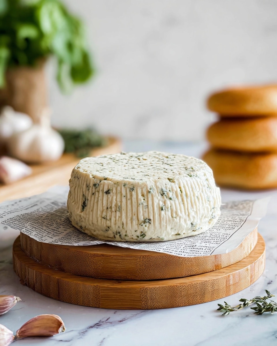 A round, creamy white cheese with small green herb specks all over its surface sits on a piece of newspaper on top of two stacked wooden boards with visible grain textures. The cheese has a slightly wrinkled texture with soft ridges running vertically down its sides. In the background, there are three golden-brown bagels stacked, some garlic bulbs scattered, and a blurred green leafy plant. The scene is set on a white marbled surface with a soft, neutral background. Photo taken with an iphone --ar 4:5 --v 7