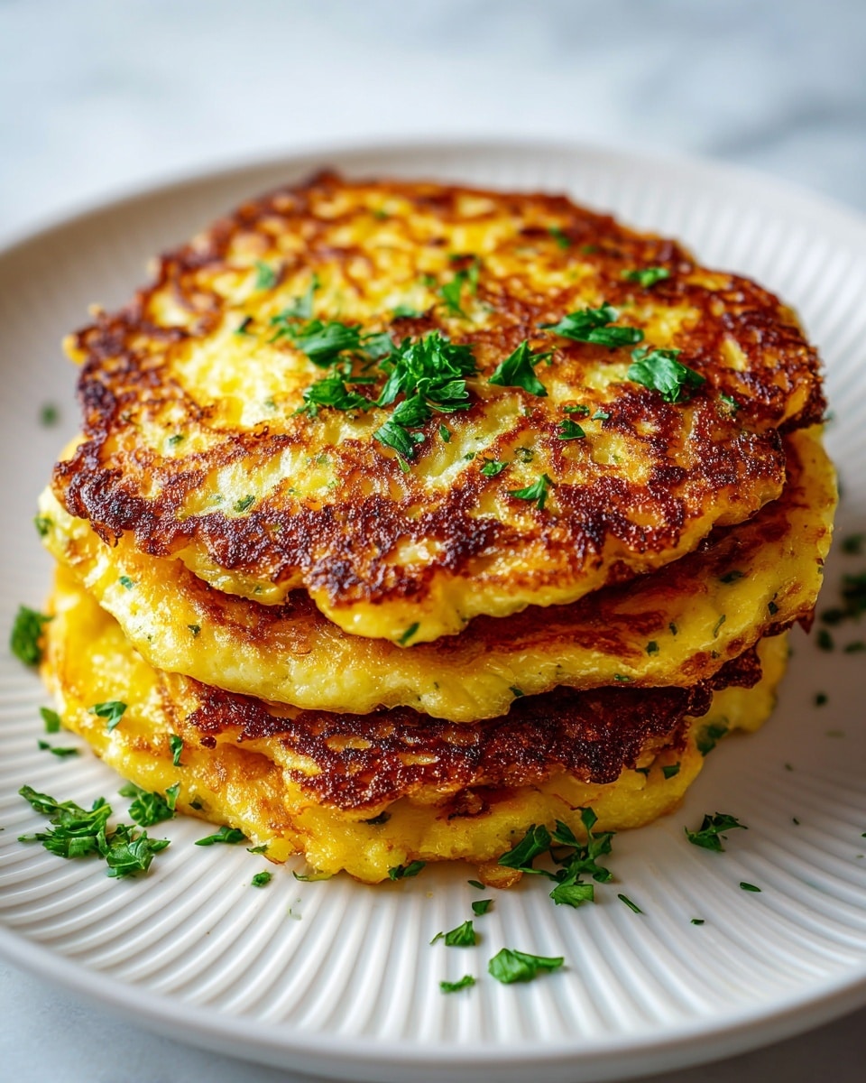 A close-up of a stack of three golden-brown potato pancakes arranged slightly off-center on a white ridged plate. Each pancake has a crispy, textured surface with a mix of lighter yellow and darker golden-brown colors from frying. Small bits of green herbs are scattered on top of the stack and around the plate, adding a splash of green color. The white marbled texture surface is softly blurred in the background, keeping the focus on the crispy pancakes. photo taken with an iphone --ar 4:5 --v 7