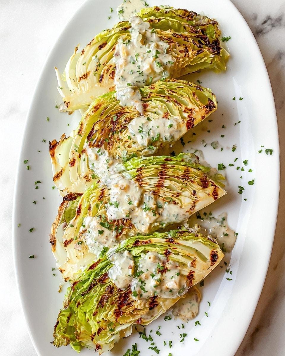 The image shows four grilled cabbage wedges arranged in a straight line on a large white plate placed on a white marbled surface. Each wedge has multiple layers of light green and white cabbage leaves with charred brown grill marks mainly on the edges and outer leaves, adding texture. A creamy sauce with small diced bits is drizzled over the top of each wedge, pooling slightly in the crevices, and sprinkled with finely chopped green herbs. The plate has small scattered bits of the herb garnish around the wedges, enhancing the fresh look. photo taken with an iphone --ar 4:5 --v 7