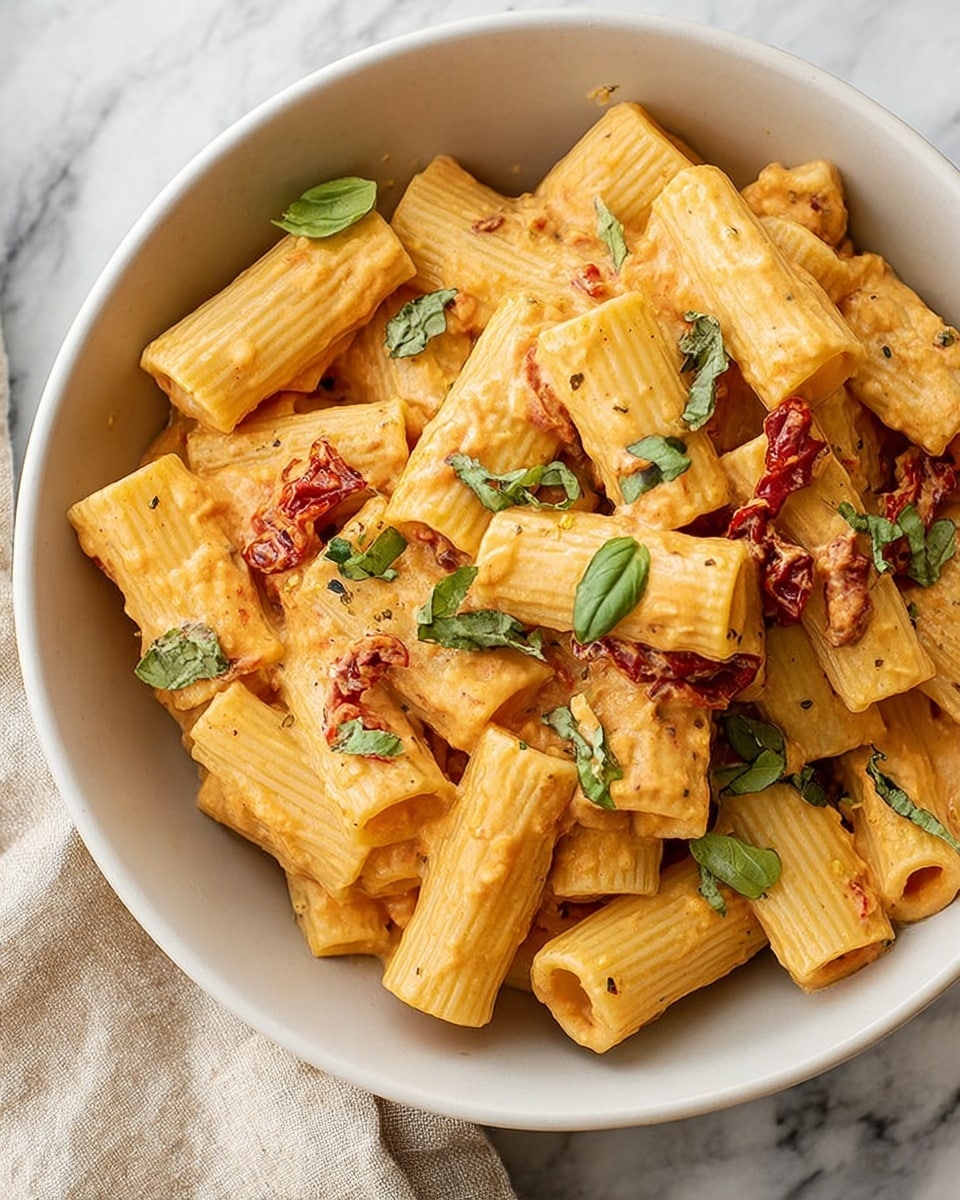 A white bowl filled with rigatoni pasta coated in a creamy orange-colored sauce with visible small pieces of sun-dried tomatoes and fresh green basil leaves scattered on top and mixed throughout. The rigatoni tubes have ridges and a smooth texture, while the sauce clings to each piece, adding a rich, slightly glossy finish. The bowl rests on a white marbled surface with a beige cloth partially visible in the background. photo taken with an iphone --ar 4:5 --v 7