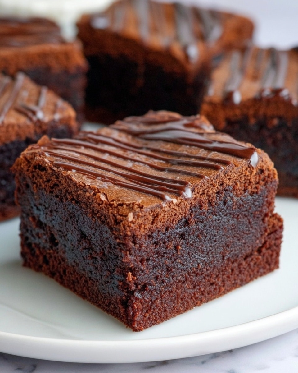 The image shows a close-up of a thick, square chocolate brownie placed on a white plate with a smooth surface. The brownie has two distinct layers: the bottom layer is dense and dark brown, almost black, with a fudgy texture, while the top layer is slightly lighter brown and has a soft and crumbly texture. The top surface is decorated with thin, wavy lines of glossy dark chocolate running across in parallel. In the background, blurred pieces of the same brownies are visible on the white marbled surface. photo taken with an iphone --ar 4:5 --v 7