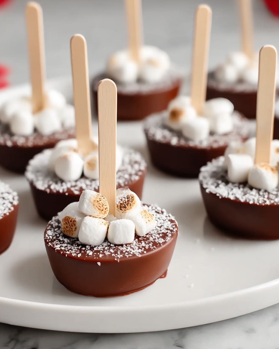 The image shows several round chocolate disks with a smooth, glossy dark brown base, each with a wooden stick placed vertically in the center. On top of each disk, there is a layer of small white marshmallows, some toasted lightly brown, arranged loosely. The top surface is also lightly dusted with white powdered sugar, creating a snowy effect. These chocolate disks are placed on a white plate set against a white marbled texture background. Photo taken with an iphone --ar 4:5 --v 7
