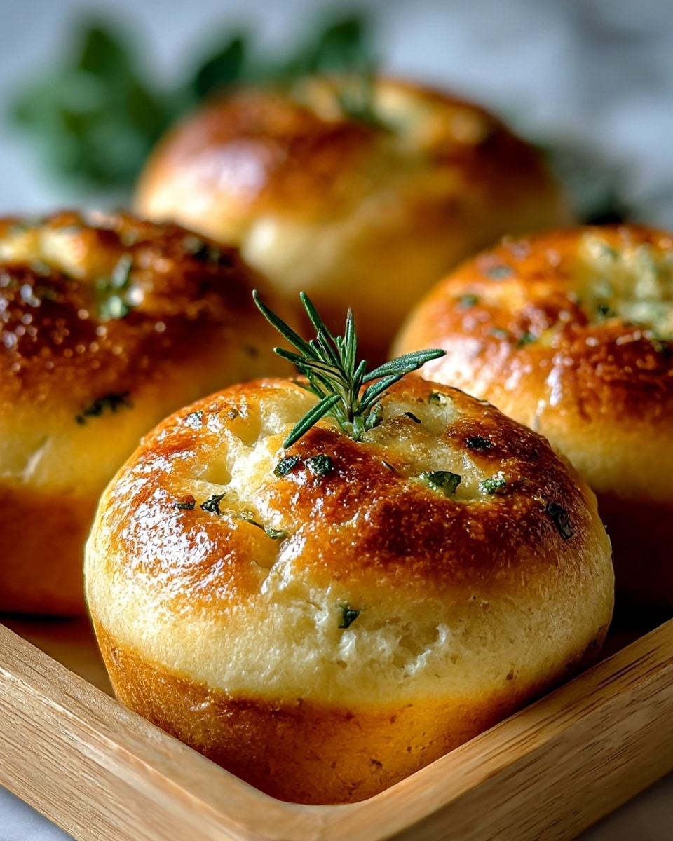 A close-up view of four golden-brown mini bread rolls with a soft, fluffy texture and a shiny, slightly crispy top layer. Each roll has small green herb bits sprinkled over the surface and a small sprig of fresh rosemary placed in the center. The rolls are arranged in a light wooden tray with some blurred green leaves in the background, all set against a white marbled texture. The light highlights the glossy finish of the bread tops showing a warm, inviting look. photo taken with an iphone --ar 4:5 --v 7