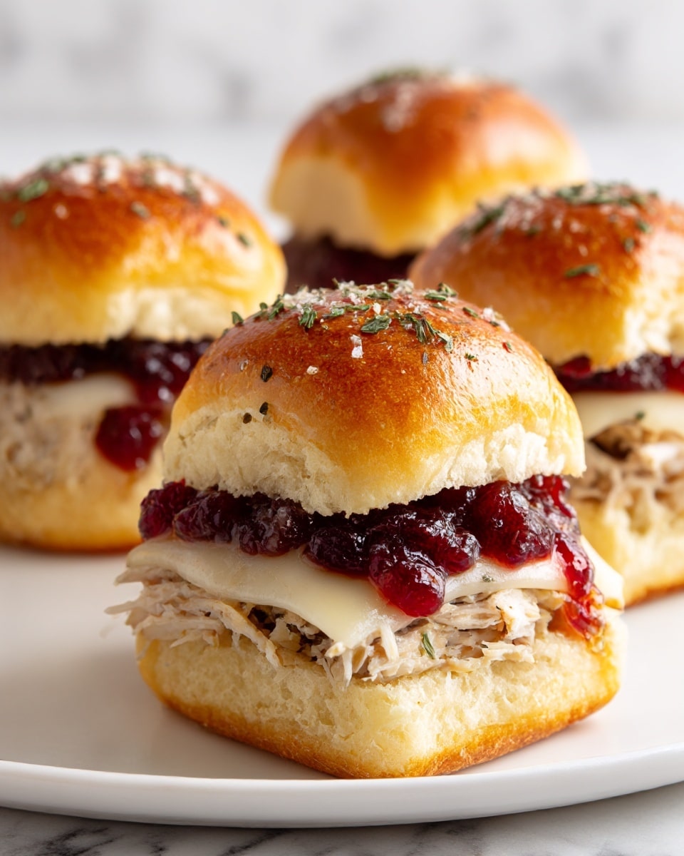 A round white plate holds ten small sandwiches arranged close together, each made with a shiny golden-brown bun topped with sesame seeds, poppy seeds, and a sprinkle of green parsley. Inside each sandwich, shredded pale turkey meat layered with melted white cheese partially covers small red cranberry bits, creating a mix of textures and colors. The buns are split horizontally, showing the filling clearly, and the parsley garnish adds a fresh touch on top. The plate rests on a white marble textured surface. photo taken with an iphone --ar 4:5 --v 7