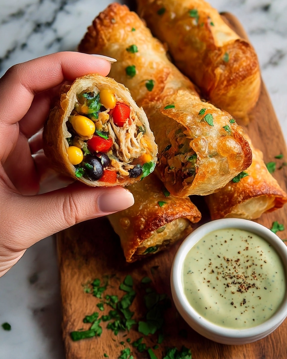 The image shows two crispy, golden-brown wraps placed on a wooden board. One wrap is cut open to show layers inside, including yellow corn kernels, black beans, chunks of cooked chicken, green herbs, and small red pepper pieces. The wraps have a slightly toasted surface with some green herb sprinkles on top. Next to the wraps is a small brown bowl filled with white creamy sauce that has green herb flecks. Fresh green herb leaves are scattered on the board around the wraps, all set on a white marbled surface. Photo taken with an iphone --ar 4:5 --v 7