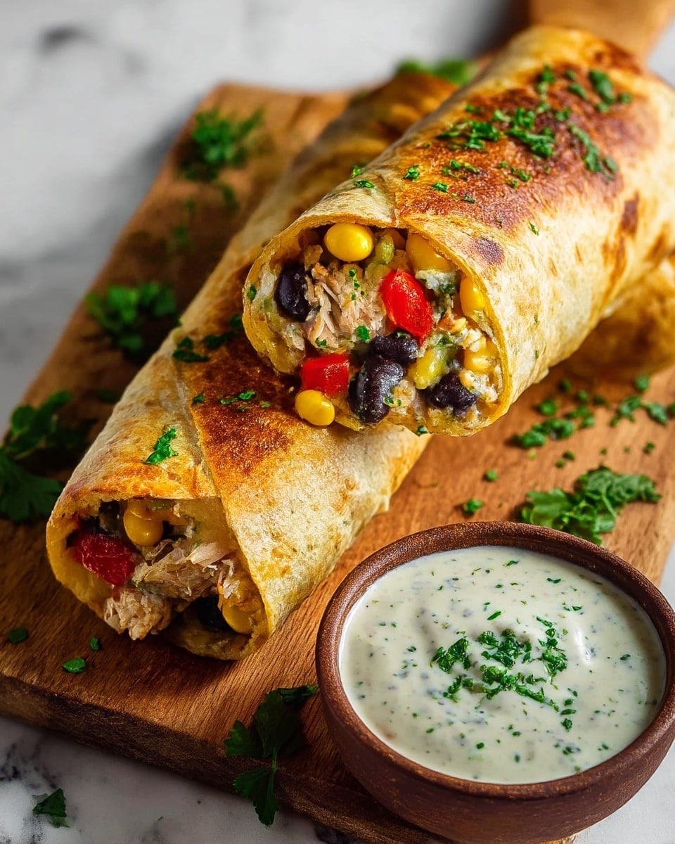 The image shows four golden-brown fried rolls with crispy, bubbly textures, sprinkled with small green herb pieces. One roll is held by a woman's hand, showing its inside filled with colorful layers: shredded light brown chicken, black beans, bright yellow corn, chopped red bell peppers, and fresh green leafy herbs. The rolls are placed on a wooden board with scattered chopped herbs around. Next to the rolls is a small white bowl filled with creamy, pale green sauce speckled with black pepper. The whole scene is set on a white marbled surface. photo taken with an iphone --ar 4:5 --v 7