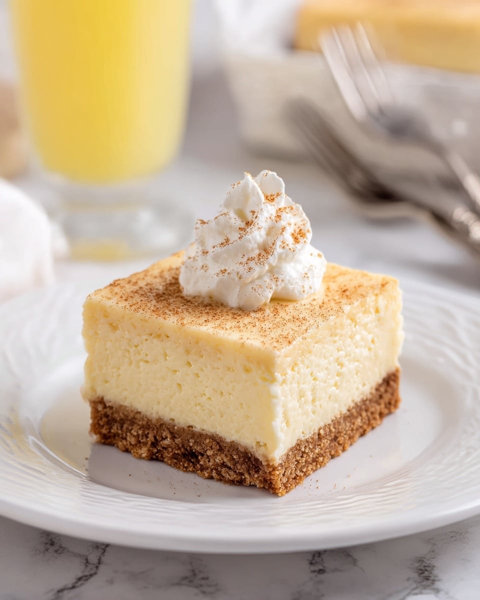 A square slice of cheesecake with two layers is on a white plate with subtle embossed patterns; the bottom crust layer is brown and crumbly, while the top thick layer is creamy light yellow with a smooth texture. On top of the cheesecake, there is a dollop of white whipped cream sprinkled with fine brown cinnamon or nutmeg powder. The background shows a clear glass with a yellow drink and a white marbled surface, with blurred silver forks and a white basket nearby. Photo taken with an iphone --ar 4:5 --v 7