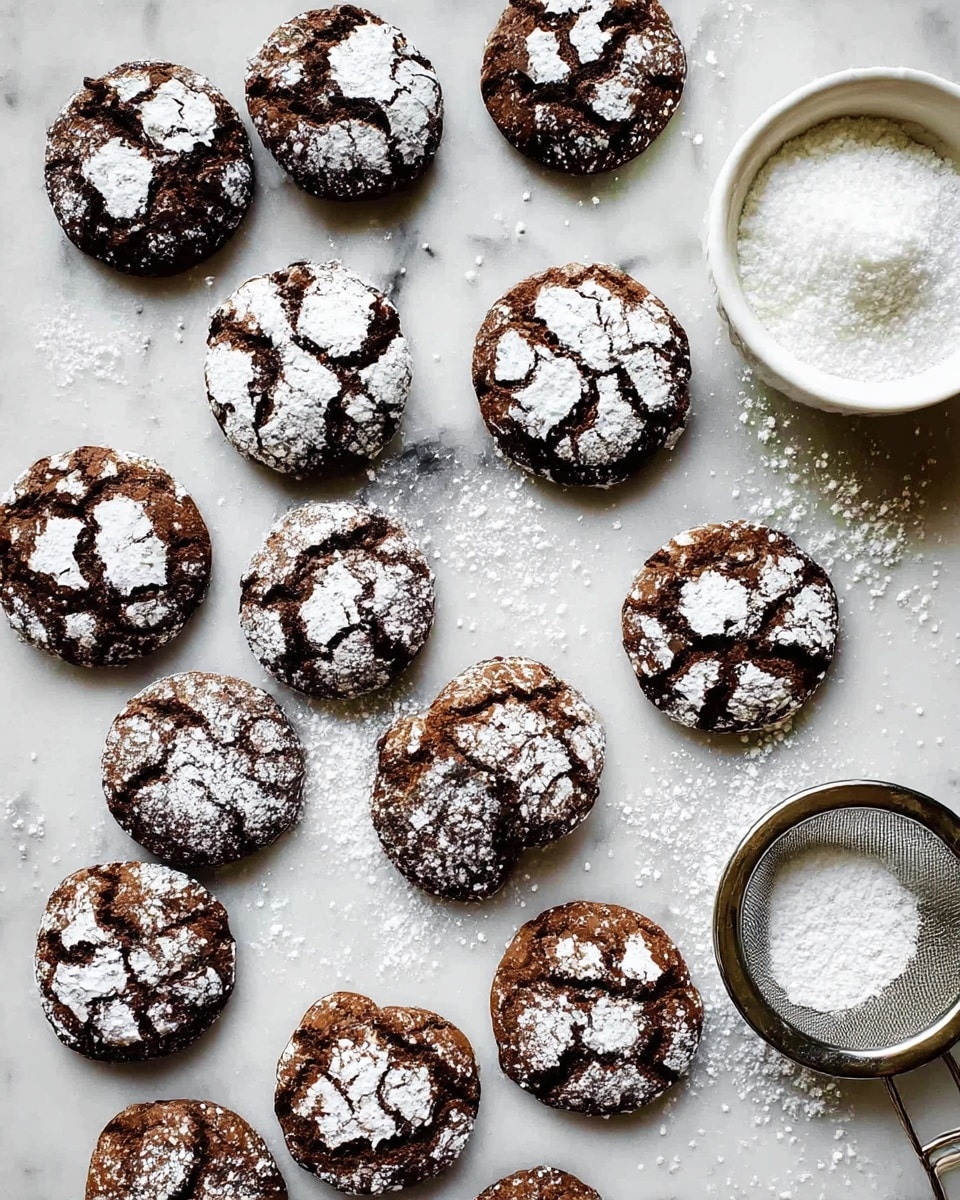 The image shows fifteen round chocolate crinkle cookies placed loosely on a white marbled surface. Each cookie is dark brown with visible deep cracks and is dusted lightly with powdered sugar, making a striking contrast between the dark cookie and white sugar. The cookies vary slightly in shape and size, adding a natural, homemade feel. In the top right corner, there is a small white bowl filled with powdered sugar, and in the bottom left corner, a metal sifter is partially visible. The powdered sugar is sprinkled unevenly around the cookies and the surface, highlighting the texture of the cracked cookies. Photo taken with an iphone --ar 4:5 --v 7