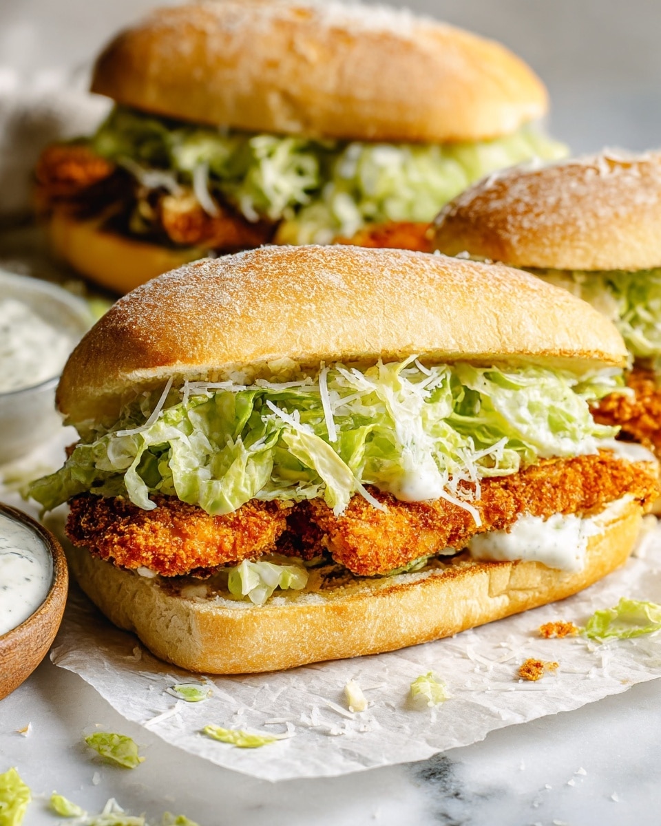 The image shows two sandwiches on a white marbled surface with parchment paper underneath. Each sandwich has a bottom layer of a light golden-brown toasted sandwich roll, topped with a crispy, breaded fried chicken filet that has a crunchy orange-brown texture. Above the chicken is a layer of fresh, light green lettuce mixed with creamy white sauce, giving a soft texture contrast. The sandwich is completed with the top part of the sandwich roll, also golden-brown and slightly textured. Some shredded white cheese is sprinkled on top of the chicken and lettuce, adding fine detail. In the background on the left, there is a small bowl with a white creamy condiment. Photo taken with an iphone --ar 4:5 --v 7