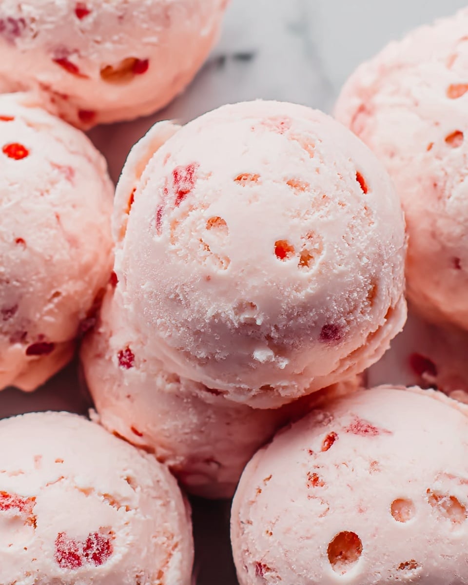 The image shows several round scoops of pale pink ice cream with small red fruit pieces mixed throughout. Each scoop is smooth but has small cracks and holes on the surface, giving a slightly textured look. The scoops are arranged closely together on a white marbled background, with one scoop in the center standing out clearly in focus. The soft pink color contrasts gently with the red bits inside, creating a fresh and creamy appearance. photo taken with an iphone --ar 4:5 --v 7