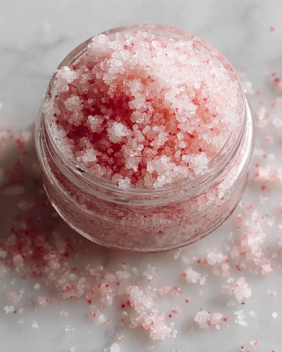 A close-up view of a small clear textured glass jar filled and slightly overflowing with coarse, sparkling pink and white crystals. The crystals have a granulated texture, with a mix of translucent white and soft pink hues, some scattered lightly around the jar on a white marbled surface. The jar is round, open at the top, and the crystals appear fluffy and icy in appearance. Photo taken with an iphone --ar 4:5 --v 7