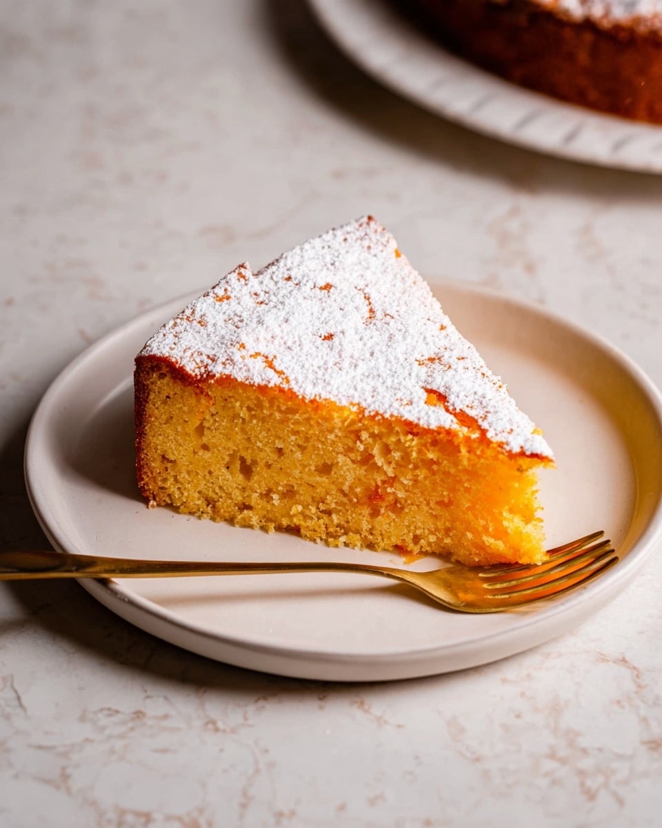 A single layer round cake covered with a light dusting of powdered sugar, showing a soft and slightly textured golden brown surface. The cake is garnished with three thin, curly orange carrot peels placed on the top left side. One triangular slice is being lifted by a spatula held by a woman's hand from the bottom right side, revealing a moist, orange-colored inner layer. The cake sits on a white plate against a white marbled textured surface, with a beige linen cloth partially visible on the bottom left. Photo taken with an iphone --ar 4:5 --v 7