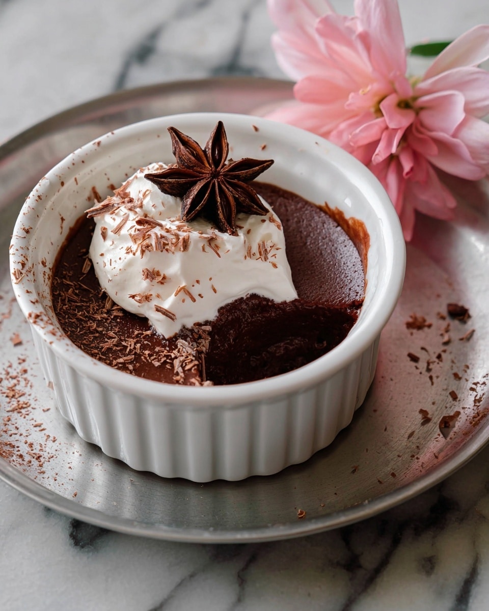 A white ramekin holds a rich, dark brown chocolate dessert with a smooth, slightly glossy texture, partially scooped out to reveal the creamy inside. On top sits a dollop of soft white whipped cream, sprinkled with fine chocolate shavings that add a delicate texture and spots of light brown. Resting on the whipped cream is a single star anise, dark brown and textured with its star-shaped segments clearly visible. The ramekin is placed on a round metal tray, and next to it lies a soft pink flower with delicate petals, all set against a white marbled surface. photo taken with an iphone --ar 4:5 --v 7