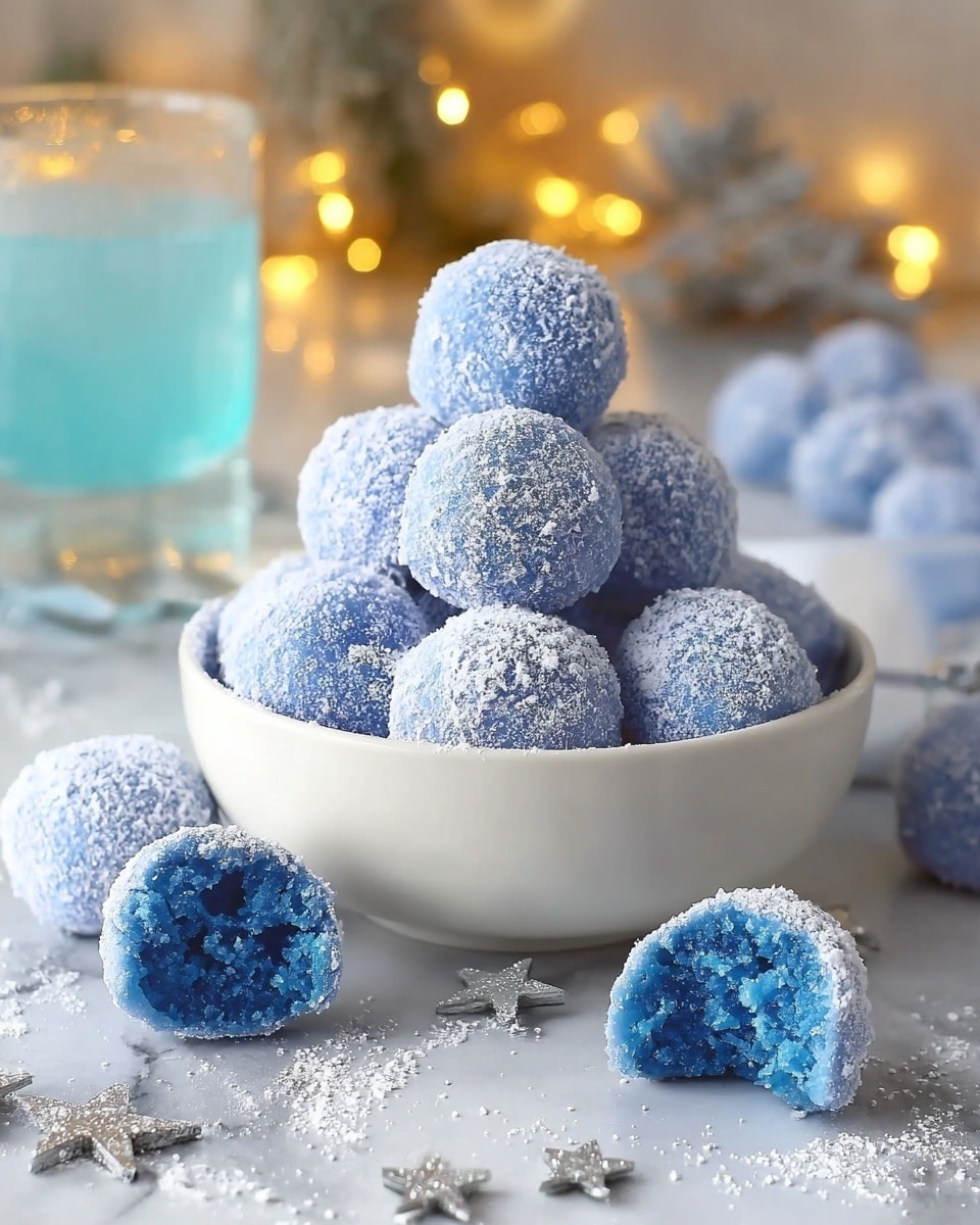 A clear glass dish holds a stack of smooth, round blue balls covered lightly with white powdered sugar, giving them a frosted look. The balls are arranged with five at the bottom and two on top, all sitting closely together in the dish’s shallow bowl on a short pedestal. Around the base of the dish, three more blue balls are placed on a clean white marbled surface, two of which are cut in half to show their soft, bright blue insides with a smooth texture. A silver snowflake decoration and some powdered sugar are scattered nearby, adding to the wintry feel. Photo taken with an iphone --ar 4:5 --v 7