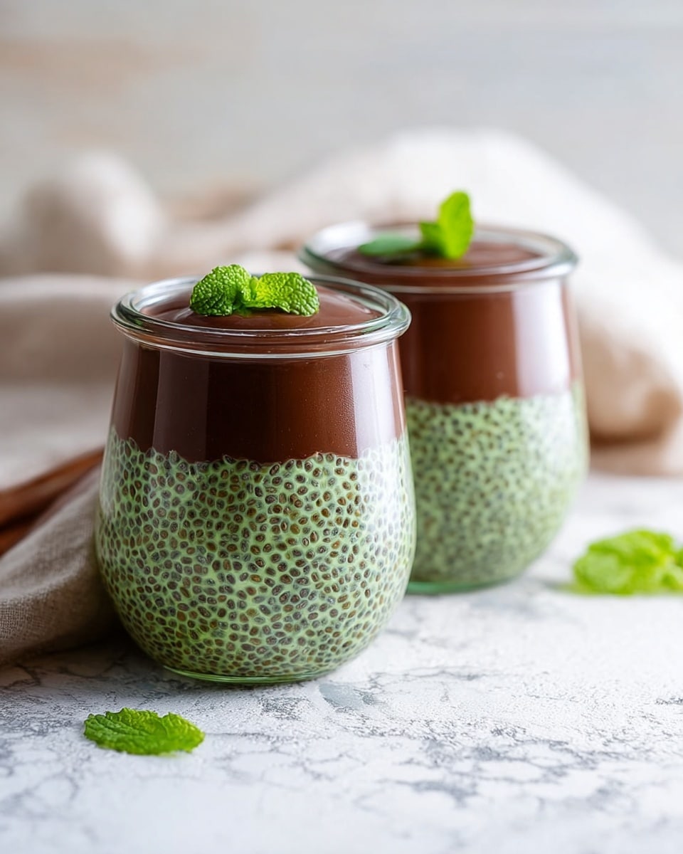 Two glass jars are filled with two layers of chia seed pudding placed side by side on a white marbled textured table. The bottom layer is a green chia pudding with visible seeds that look soft and gel-like, filling about two-thirds of the jars. The top layer is smooth and dark brown, resembling chocolate pudding, just below the rim of the jars. Each jar is topped with a small fresh green mint leaf placed in the center. The setting is bright and simple with a white cloth slightly blurred in the background. photo taken with an iphone --ar 4:5 --v 7