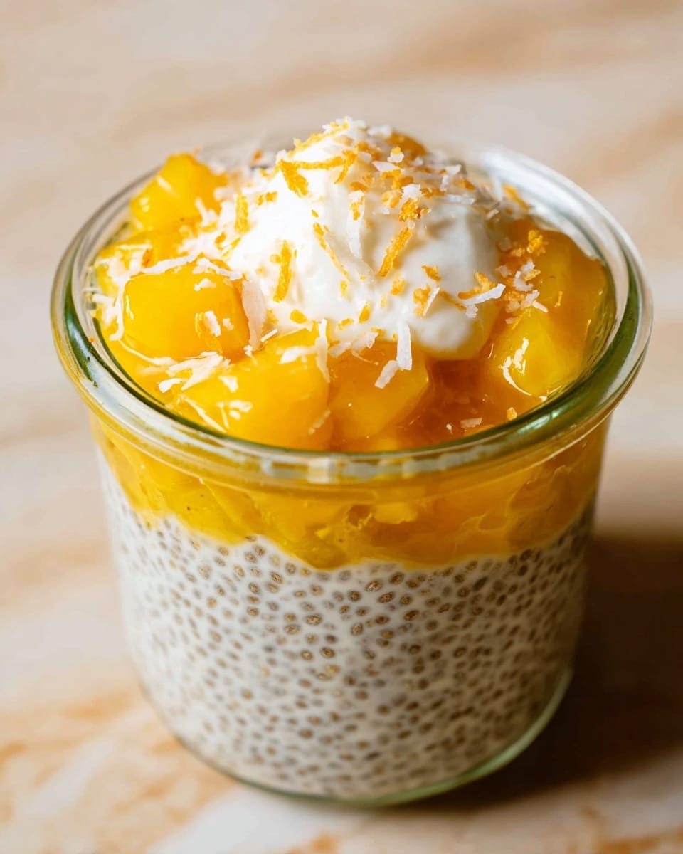 The image shows a glass jar filled with three visible layers: at the bottom is a thick, light brown layer with small dark seeds evenly spread, resembling chia pudding; above this is a bright orange layer of soft, jelly-like fruit chunks covering the top partially; and the topmost layer includes a dollop of white cream with small, shredded white flakes and some fine orange zest sprinkled over it. The jar sits on a white marbled textured surface, and the image is focused closely on the jar's open top. photo taken with an iphone --ar 4:5 --v 7