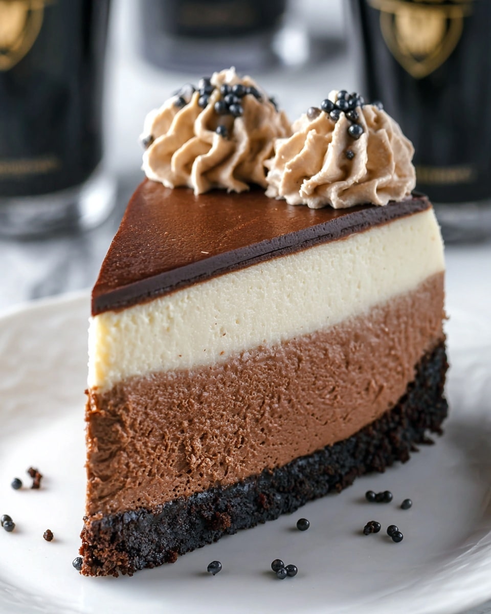 A slice of chocolate cheesecake is shown with three clear layers; the bottom layer is a dark, crumbly chocolate crust, the middle layer is thick and smooth milk chocolate cheesecake with a dense texture, and the top layer is a thinner, creamy white chocolate layer. On top, there is a swirl of light brown chocolate whipped cream decorated with small dark sugar pearls. The cake rests on a white plate with some dark sugar pearls scattered around it, all set against a white marbled texture. Photo taken with an iphone --ar 4:5 --v 7