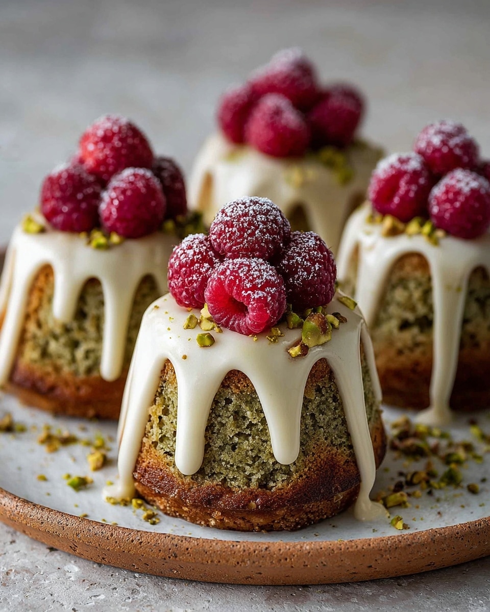 The image shows four small bundt cakes on a round white plate with a white marbled texture background. Each cake has two layers: a darker brown bottom layer with a crumbly texture and a greenish top layer with visible bits of pistachio. The cakes are topped with white icing that drips down the sides, sprinkled with crushed pistachios. On top of each cake, there are clusters of bright red raspberries dusted lightly with powdered sugar. Photo taken with an iphone --ar 4:5 --v 7