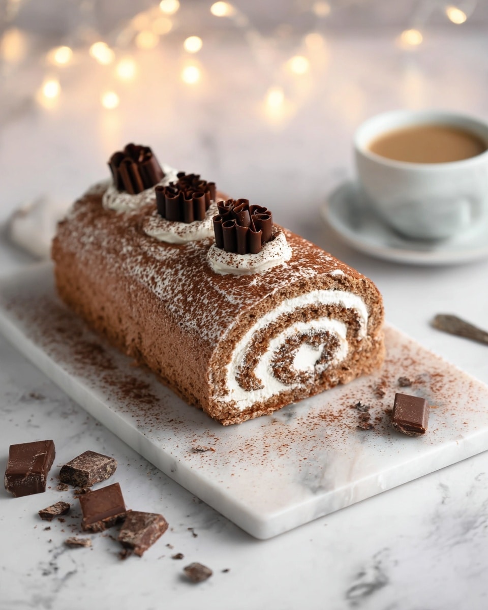 A light brown spiral cake roll with three even layers, filled with white cream swirled inside and coated with a thin white cream layer on the outside; the top is dusted with cocoa powder and decorated with three dark brown chocolate curls placed in a row; the cake sits on a white marble cutting board sprinkled with cocoa powder, surrounded by small pieces of chocolate; in the background, a white cup filled with coffee is slightly blurred, with soft warm string lights adding a cozy feel over a white marbled surface. photo taken with an iphone --ar 4:5 --v 7