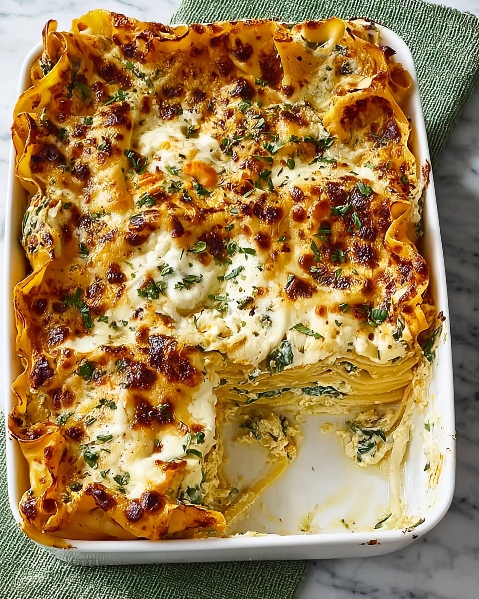 A white rectangular dish holds a baked lasagna with multiple visible layers of golden-yellow pasta sheets, creamy white cheese, and green spinach leaves. The top layer is browned and slightly crispy, with melted cheese forming bubbly, golden patches interspersed with green herbs. The edges of the pasta are curled and slightly crispy, showing the layered structure inside. A portion has been cut and is missing from one corner, revealing the cheesy and spinach-streaked layers inside. The dish sits on a white marbled surface with a green textured cloth partially visible underneath. photo taken with an iphone --ar 4:5 --v 7