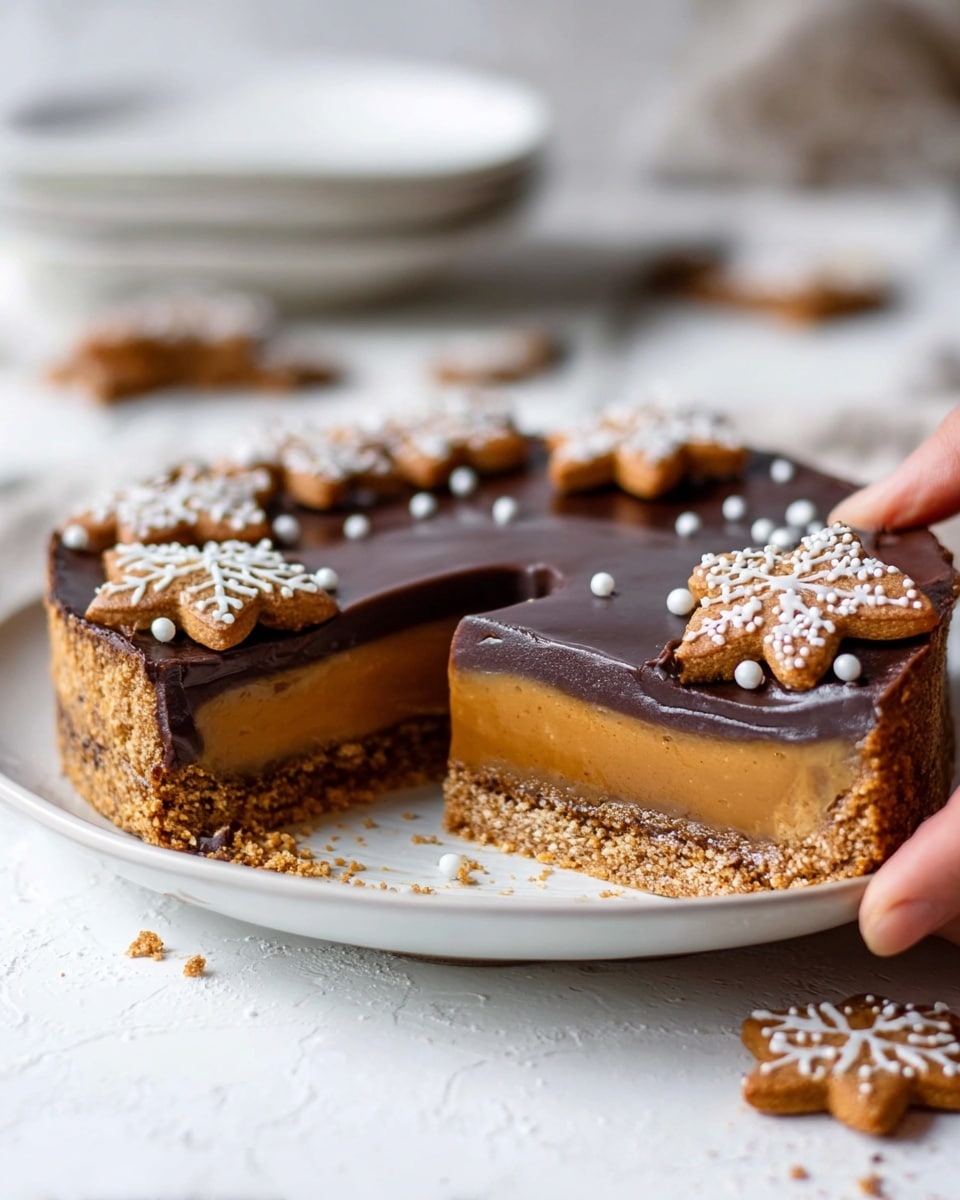 The image shows a round tart on a white plate with a white marbled surface. The tart has three clear layers: a crumbly, light brown crust at the bottom; a thick, smooth caramel layer in the middle, golden brown and glossy; and a dark chocolate layer on top, rich and shiny. The chocolate layer is decorated with gingerbread star-shaped cookies with white icing and small white sugar beads scattered over them. A slice is cut out from the tart, revealing the layers clearly. There are cookie crumbs on the plate and a woman's hand holding the tart. Photo taken with an iphone --ar 4:5 --v 7