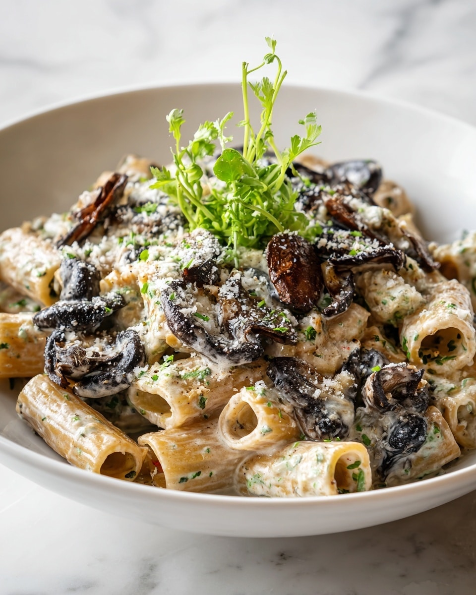 The dish shows a mound of short tube pasta coated in a creamy white sauce speckled with small green herbs, giving the sauce a slightly textured look. Scattered on top and mixed in are dark brown, caramelized mushroom slices, some with a glossy finish that suggests they are sautéed. The pasta pieces are layered closely, with the creamy sauce visibly filling some of the tube openings. There is a sprinkle of finely grated cheese or seasoning dusted over the whole top, enhancing the texture with small white flakes. Garnishing the center is a sprig of fresh green herb standing upright for decoration. The food is served on a white plate, and the setting is on a white marbled surface, creating a bright and clean background. Photo taken with an iphone --ar 4:5 --v 7