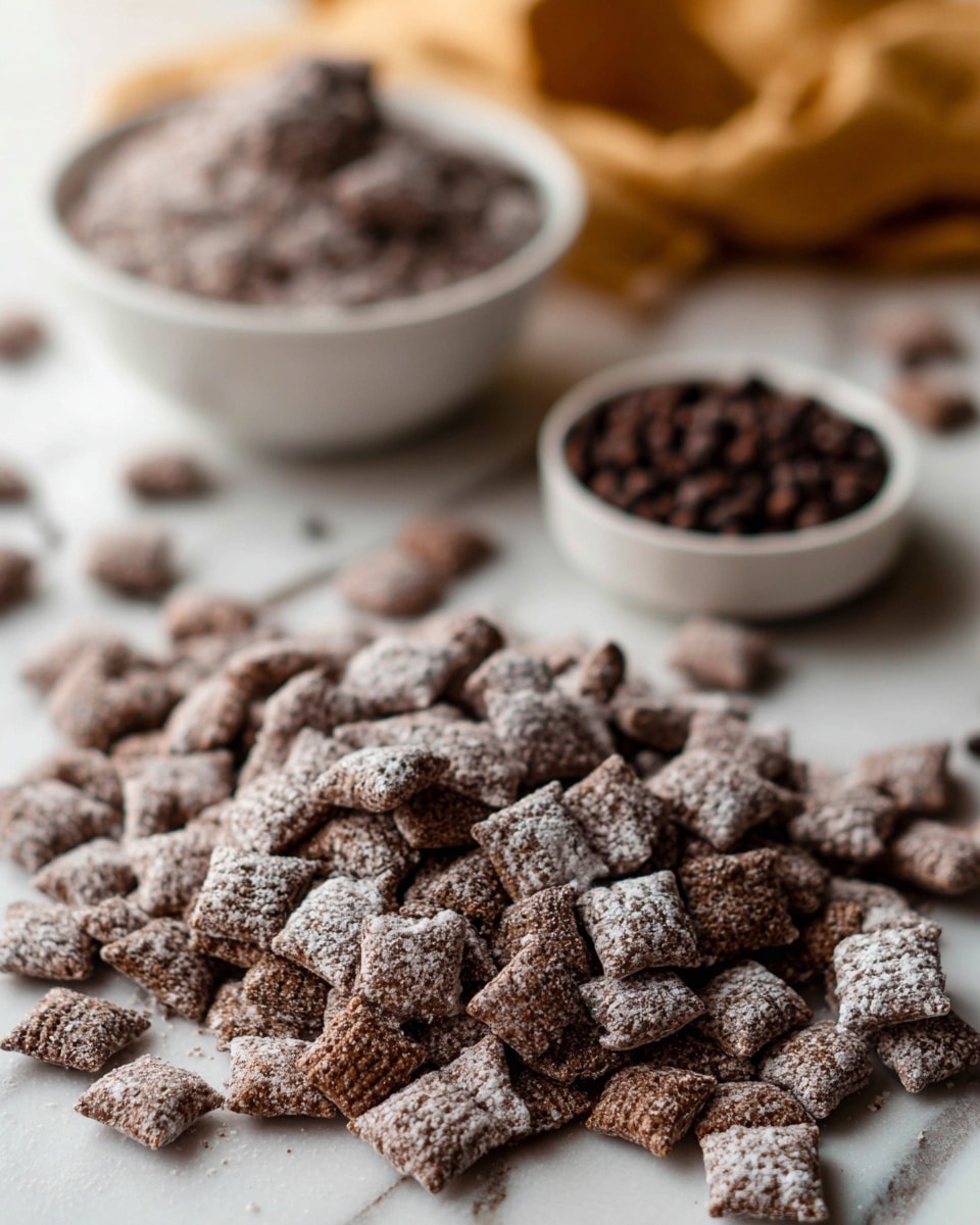 The image shows many small square-shaped pieces of chocolate cereal scattered on a white marbled surface. Each piece is coated lightly with a powdery sugar layer, giving them a frosted look with a mix of dark brown and light white colors. In the background, there is a white bowl partially filled with more of the same powdered chocolate cereal, and another small white bowl filled with tiny round dark brown pieces. The scene is softly lit and has a cozy, warm feel. photo taken with an iphone --ar 4:5 --v 7
