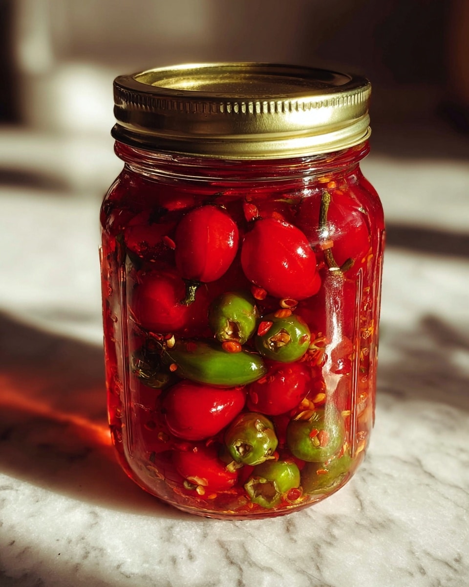 A close-up top view of a glass jar filled with a glossy mixture of whole red and green chili peppers soaked in a shiny, oily liquid with red chili flakes visible. The jar’s rim is clear, showing a thick layer of the spicy marinade holding the vibrant, plump chilies together with a mix of smooth and slightly wrinkled textures. The background is a white marbled texture. photo taken with an iphone --ar 4:5 --v 7
