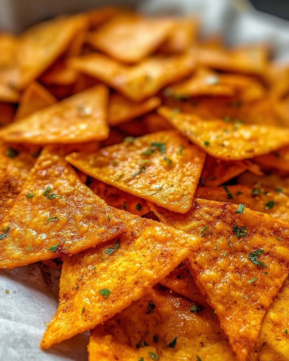 A close-up view of many crispy, bright orange triangular and square chips piled together on a white marbled surface, each chip showing a bubbly texture with a coating of melted cheese and small bits of seasoning sprinkled all over, garnished with tiny green herb pieces for contrast, creating a golden, slightly oily look with a crunchy feel. photo taken with an iphone --ar 4:5 --v 7